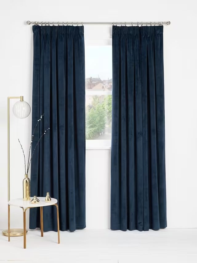 John Lewis Velvet Pair Lined Pencil Pleat Curtains W167 x Drop 182cm - Navy