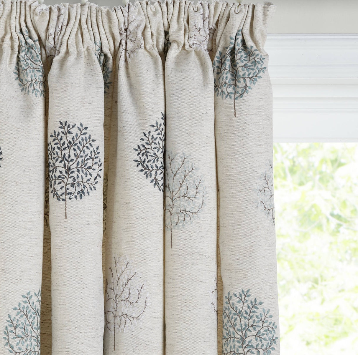 John Lewis Mini Olive Tree Lined Pencil Pleat Curtain 167 x 182cm - Duck Egg