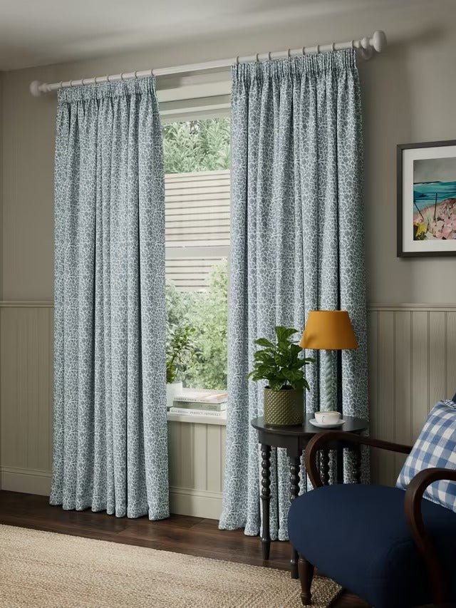 John Lewis Amara Print Blackout Pencil Pleat Curtains Ice Blue W167 x 228cm