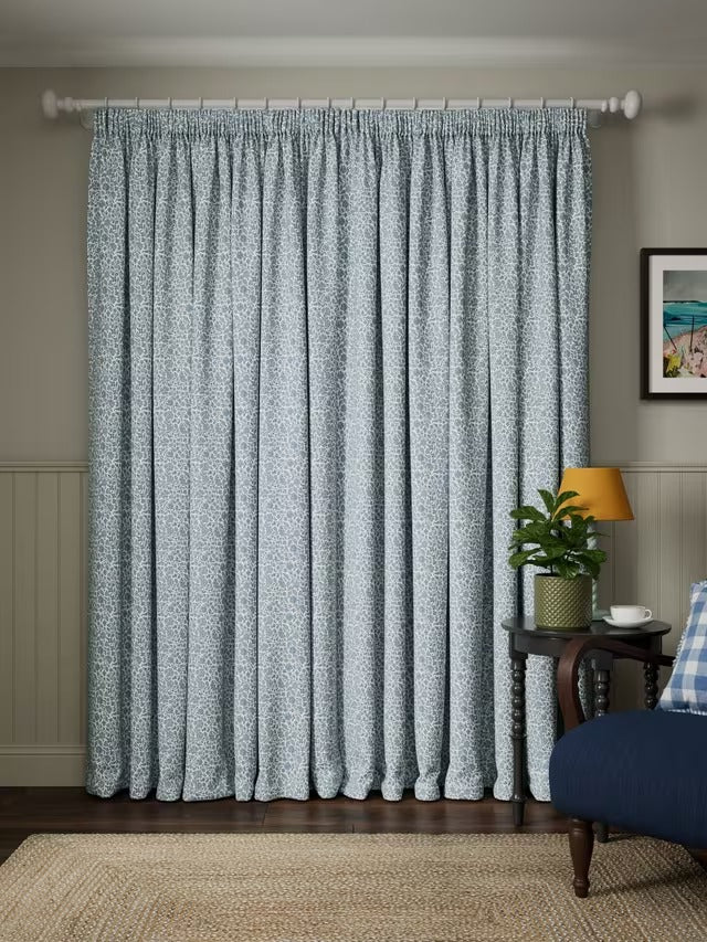 John Lewis Amara Print Blackout Pencil Pleat Curtains Ice Blue W167 x 228cm