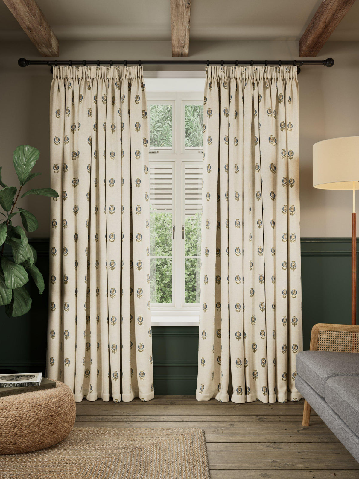 John Lewis Wilcote Pomegranate Pair Pencil Pleat Curtains 167 x 182cm - Blue
