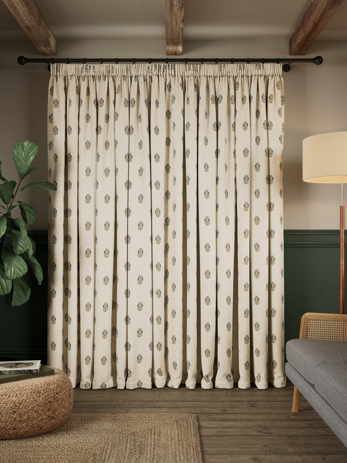 John Lewis Wilcote Pomegranate Pair Pencil Pleat Curtains 167 x 182cm - Blue