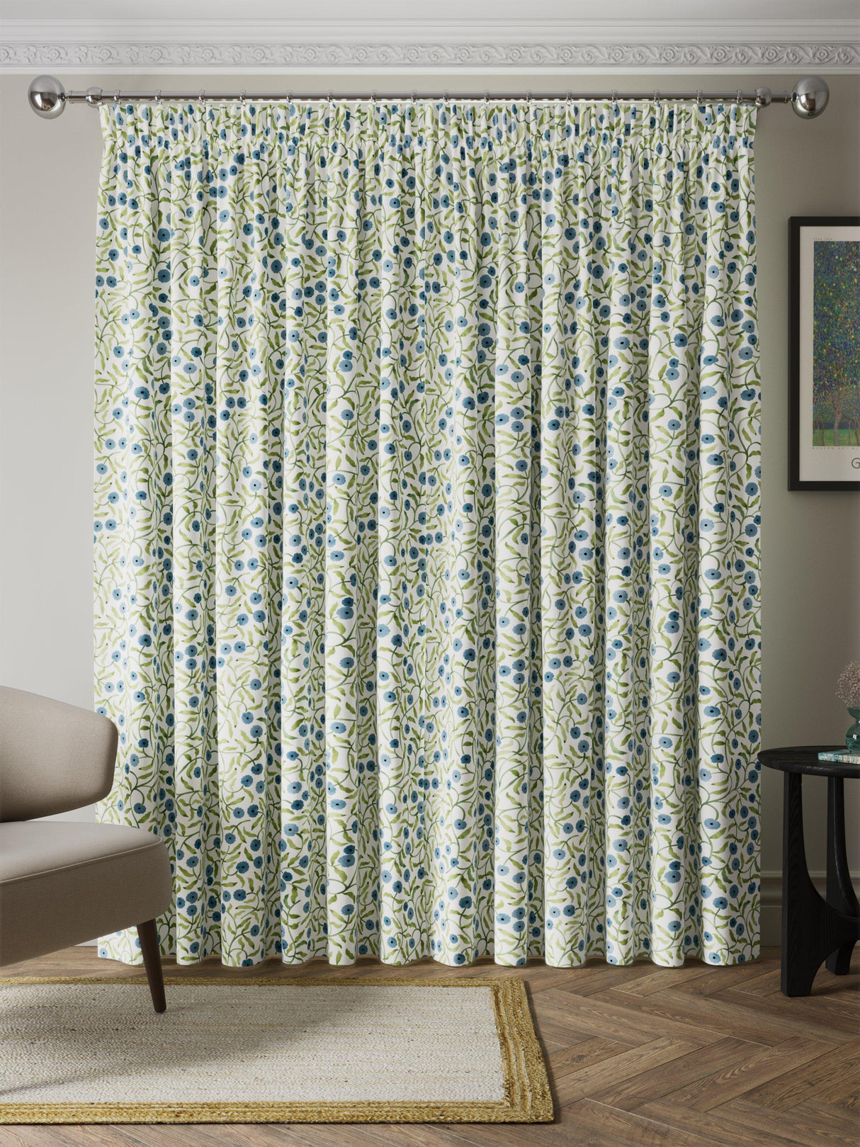 John Lewis Iversen Floret Blackout Pencil Pleat Curtains Glacier 228 x 137cm
