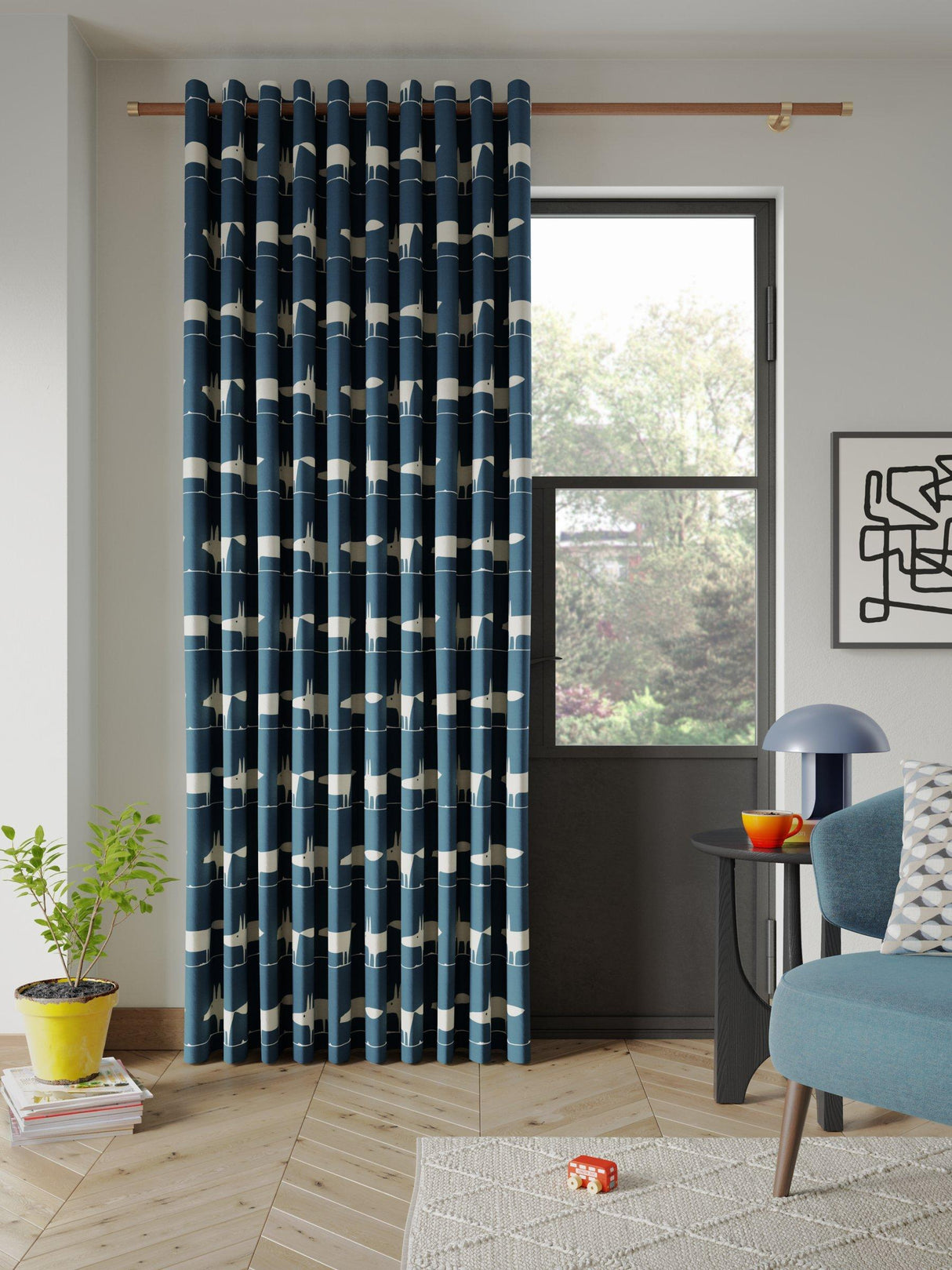 Scion Mr Fox Pair Fully Lined Eyelet Curtains Cotton Navy W167 x Drop 228cm