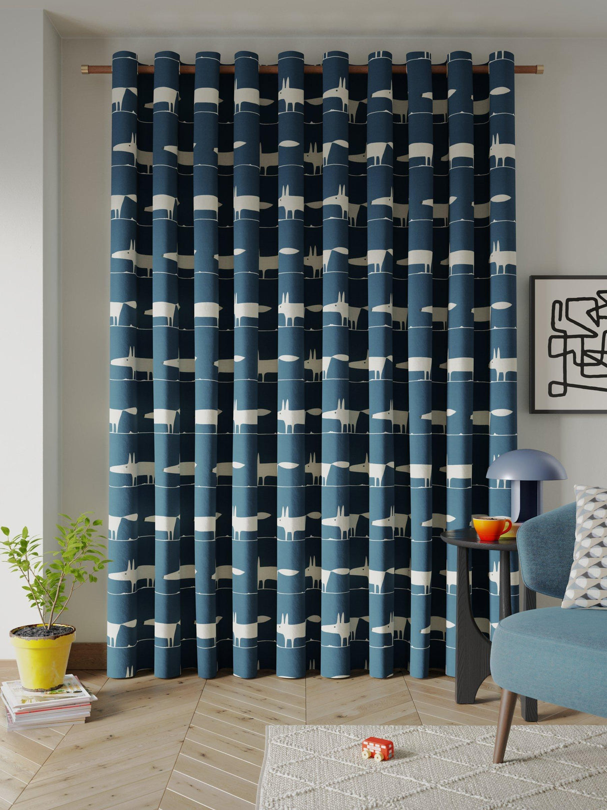 Scion Mr Fox Pair Fully Lined Eyelet Curtains Cotton Navy W167 x Drop 228cm