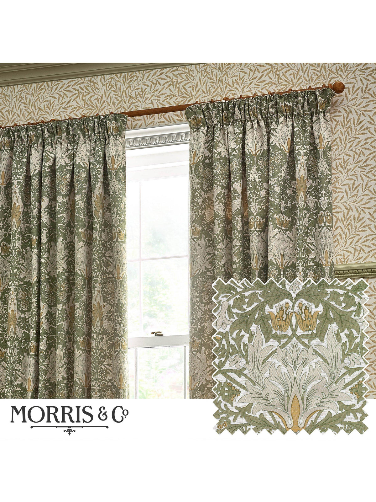 Morris & Co Snakeshead Pencil Pleat Curtains 229 x 229cm - Sunflower/Stone