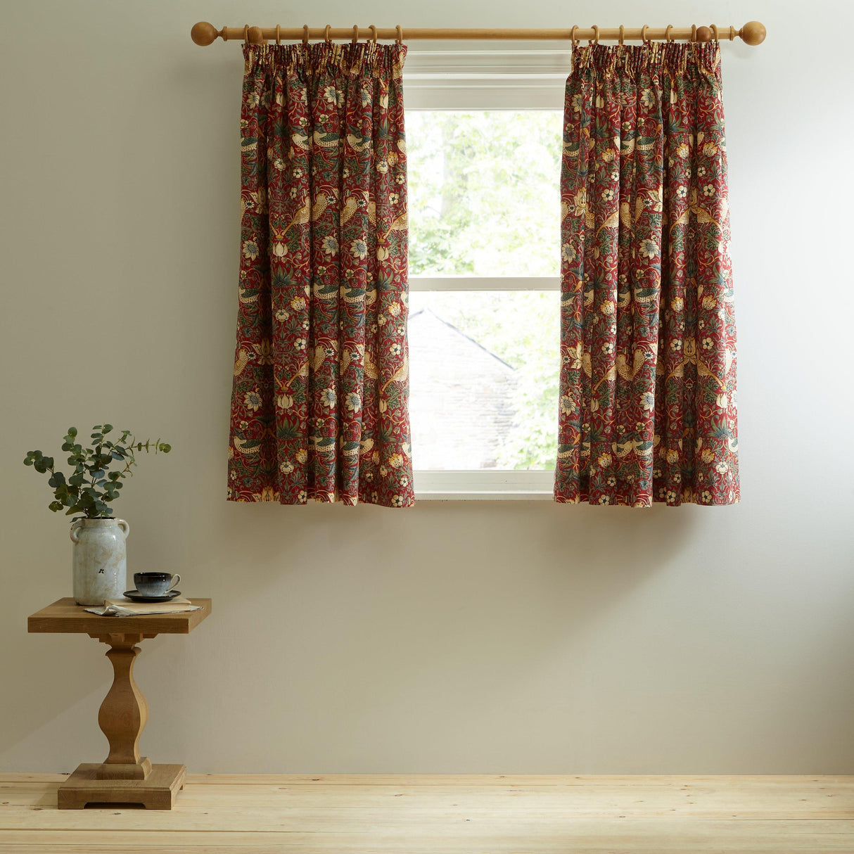 Morris & Co. Strawberry Thief Lined Pencil Pleat Curtains W167 x D182cm Red