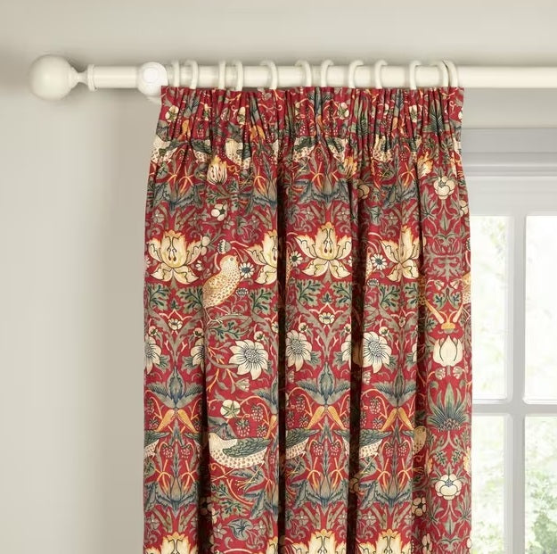 Morris & Co. Strawberry Thief Lined Pencil Pleat Curtains 167 x 228cm - Red - Kazoop 