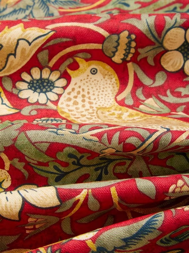 Morris & Co. Strawberry Thief Lined Pencil Pleat Curtains 167 x 228cm - Red - Kazoop 