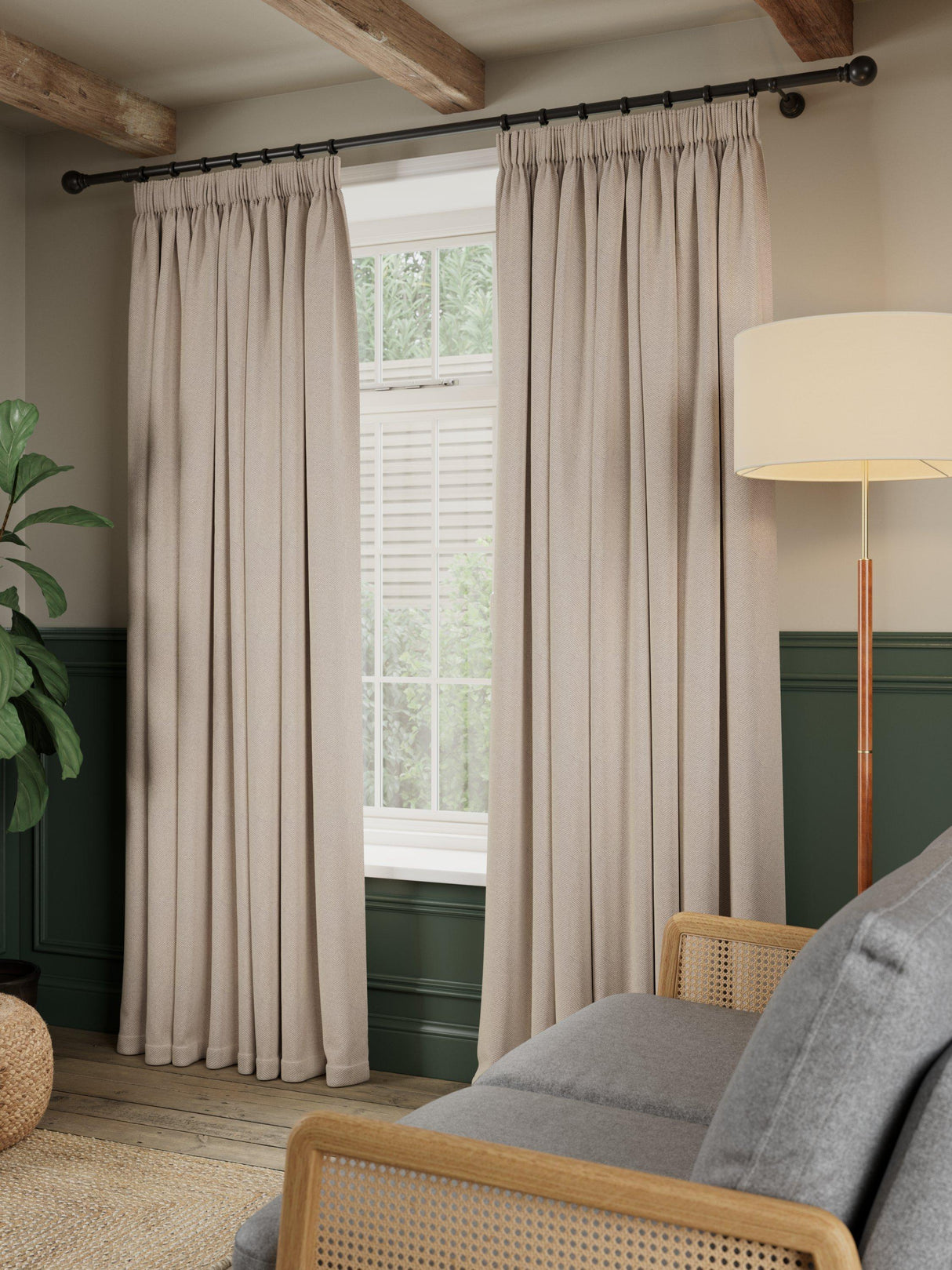John Lewis Brushed Herringbone Pencil Pleat Curtains Alabaster 167 x 228cm