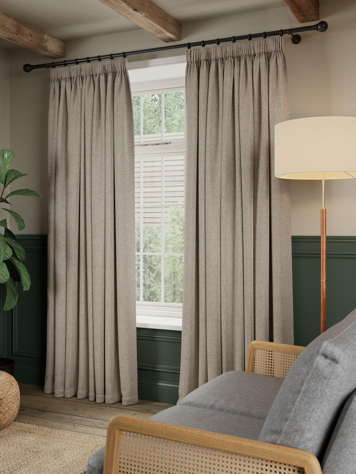 John Lewis Herringbone Pencil Pleat Blackout Curtains 167 x 274cm Pale Mole