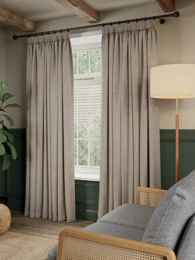John Lewis Herringbone Blackout Pencil Pleat Curtains W228 x D182cm - Mole