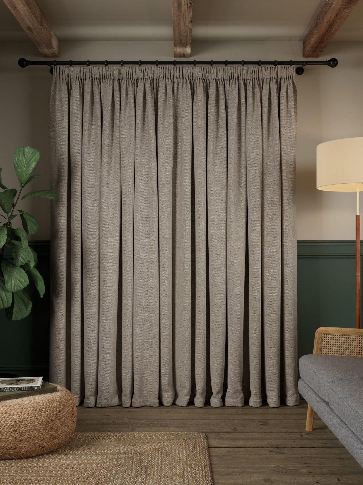 John Lewis Herringbone Blackout Pencil Pleat Curtains 228 x 274cm Pale Mole