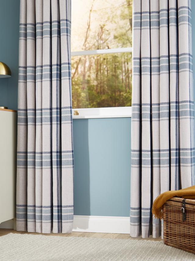 John Lewis Afton Check Weave Dimout/Thermal Eyelet Curtains Navy W117x228cm