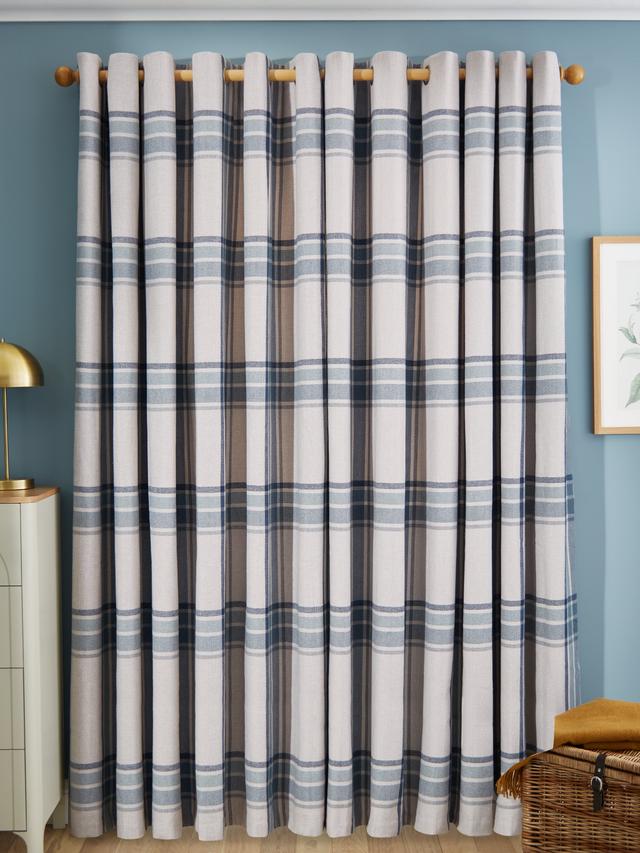 John Lewis Afton Check Weave Dimout/Thermal Eyelet Curtains Navy W117x228cm