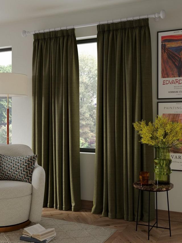 John Lewis Textured Blackout Pencil Pleat Curtains W228 x D182cm - Avocado