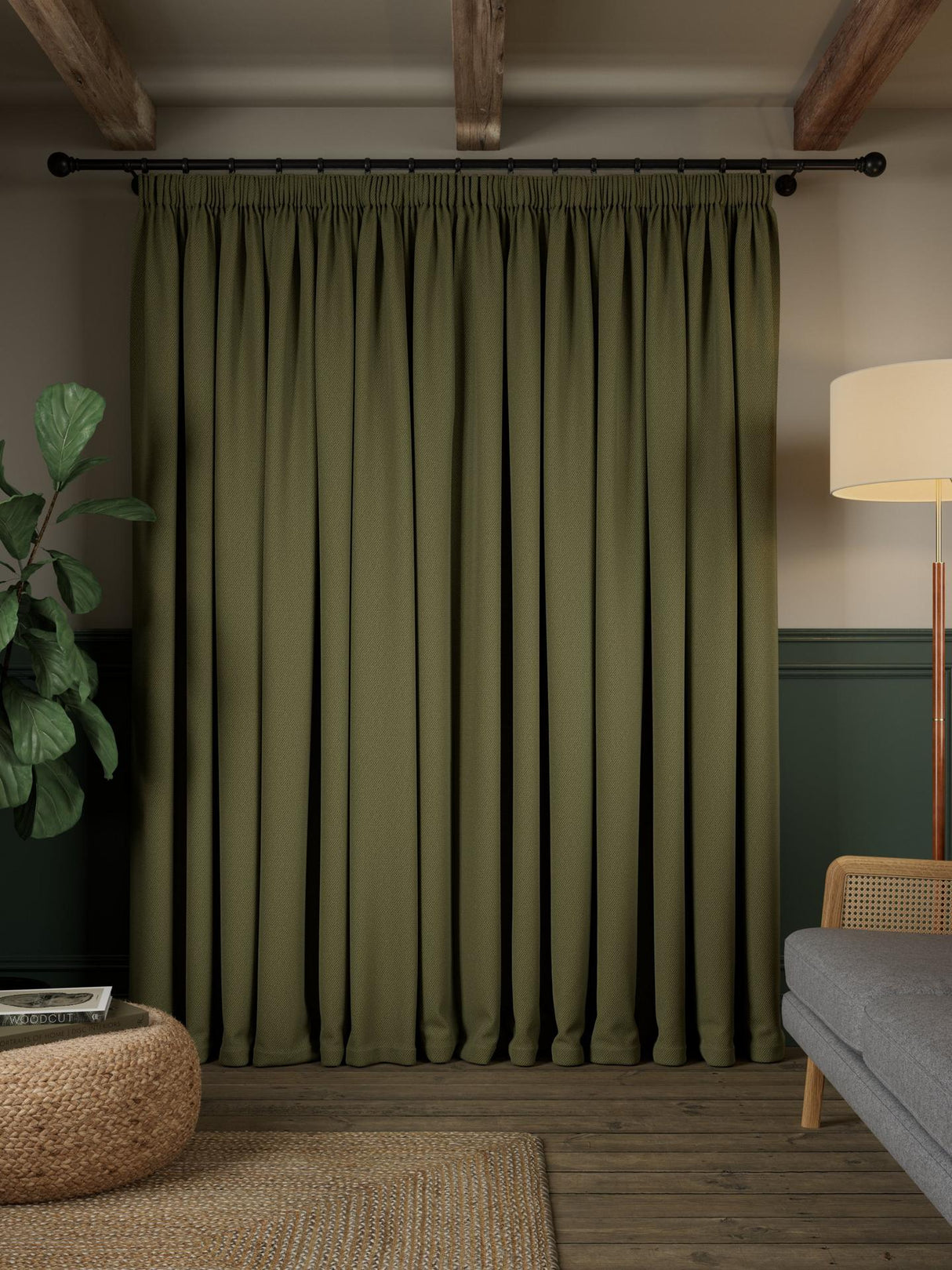 John Lewis Rustic Blackout Pencil Pleat Curtains - 228 x 274cm Avocado Green