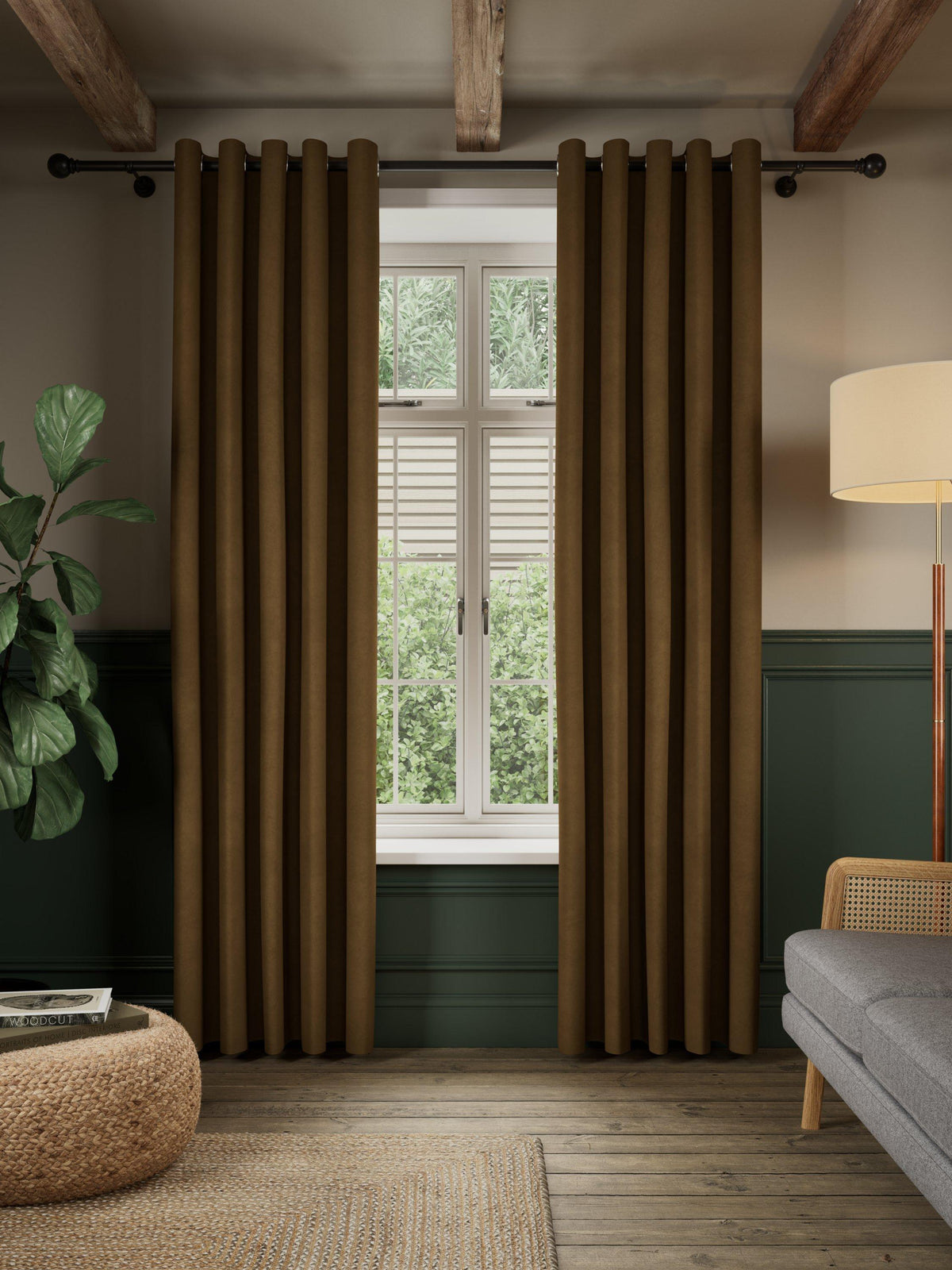 John Lewis Matte Velvet Blackout Lined Eyelet Curtains 228 x 182cm - Cinder