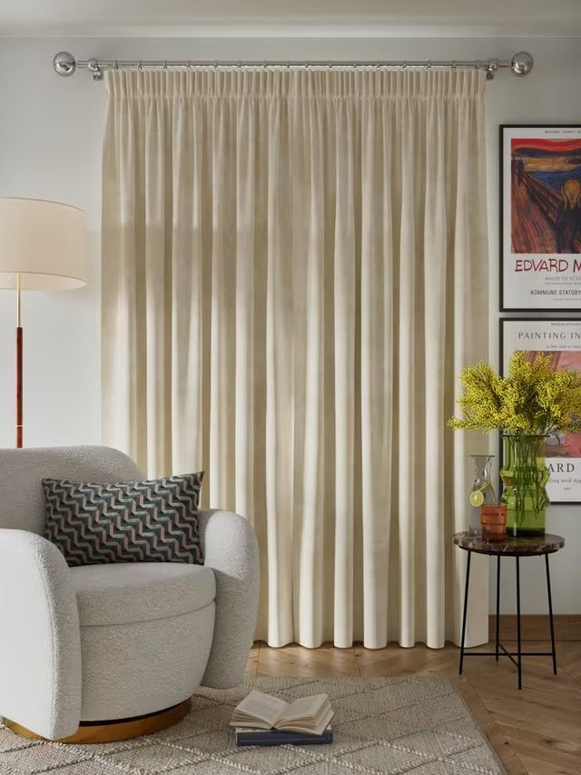 John Lewis Velvet Pair Lined Pencil Pleat Curtains Cream - W228 x Drop 274cm