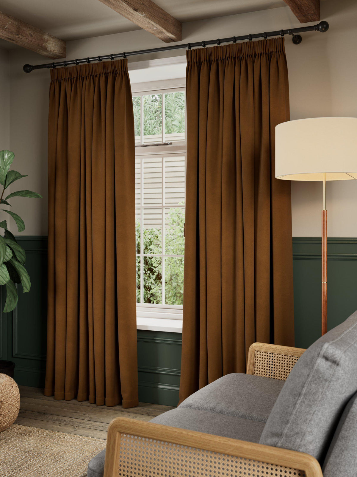 John Lewis Matt Velvet Blackout Pencil Pleat Curtains - 167 x 182cm - Ginger