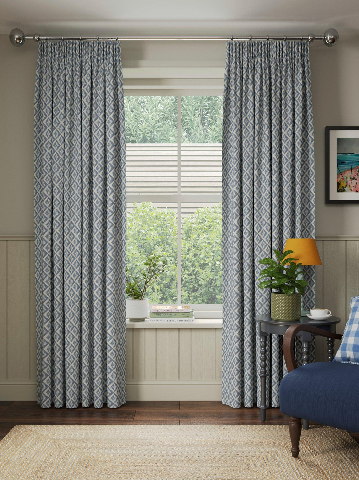 John Lewis Jaya Print Lined Pencil Pleat Curtains - Lake Blue - W167 x 228cm