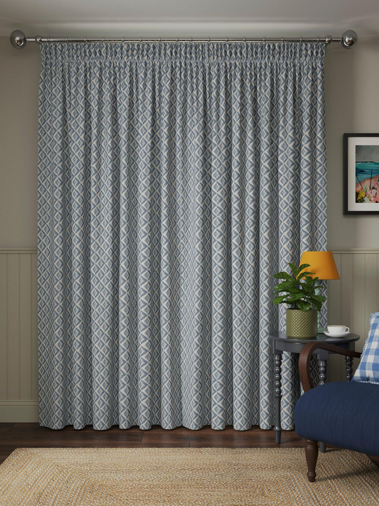 John Lewis Jaya Print Lined Pencil Pleat Curtains - Lake Blue - W167 x 228cm