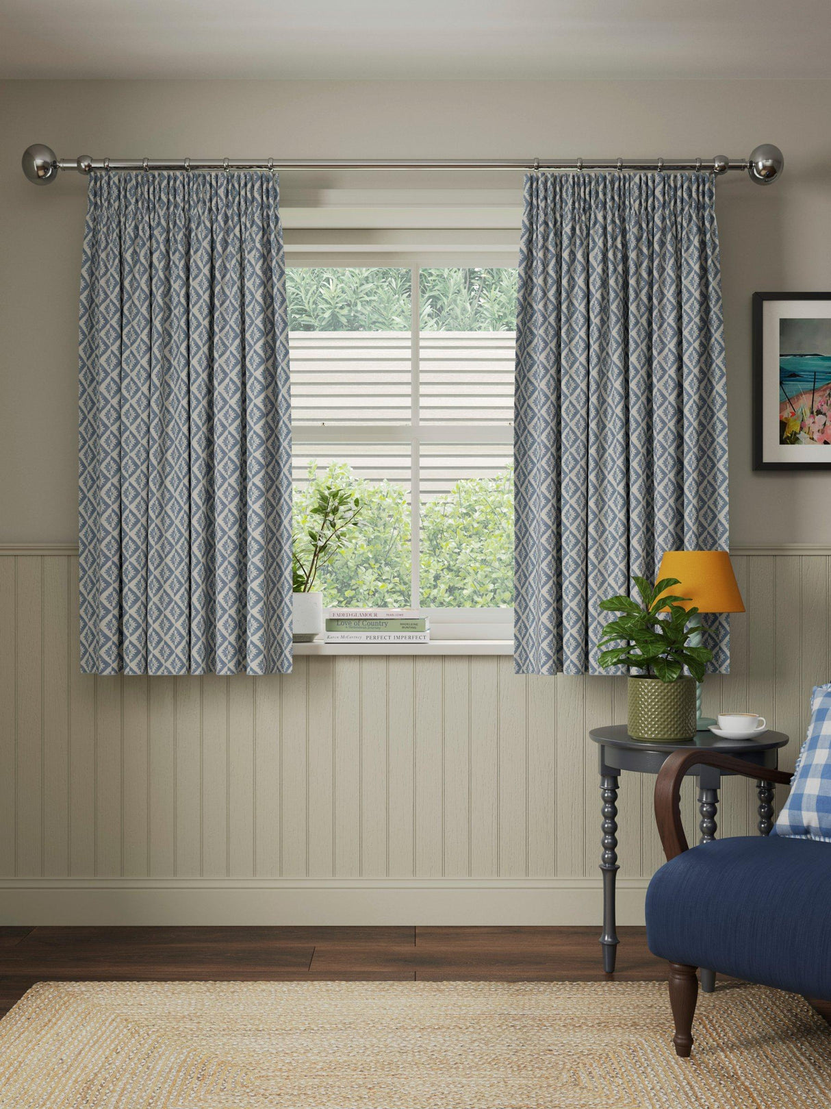 John Lewis Jaya Print Lined Pencil Pleat Curtains - Lake Blue - W167 x 228cm