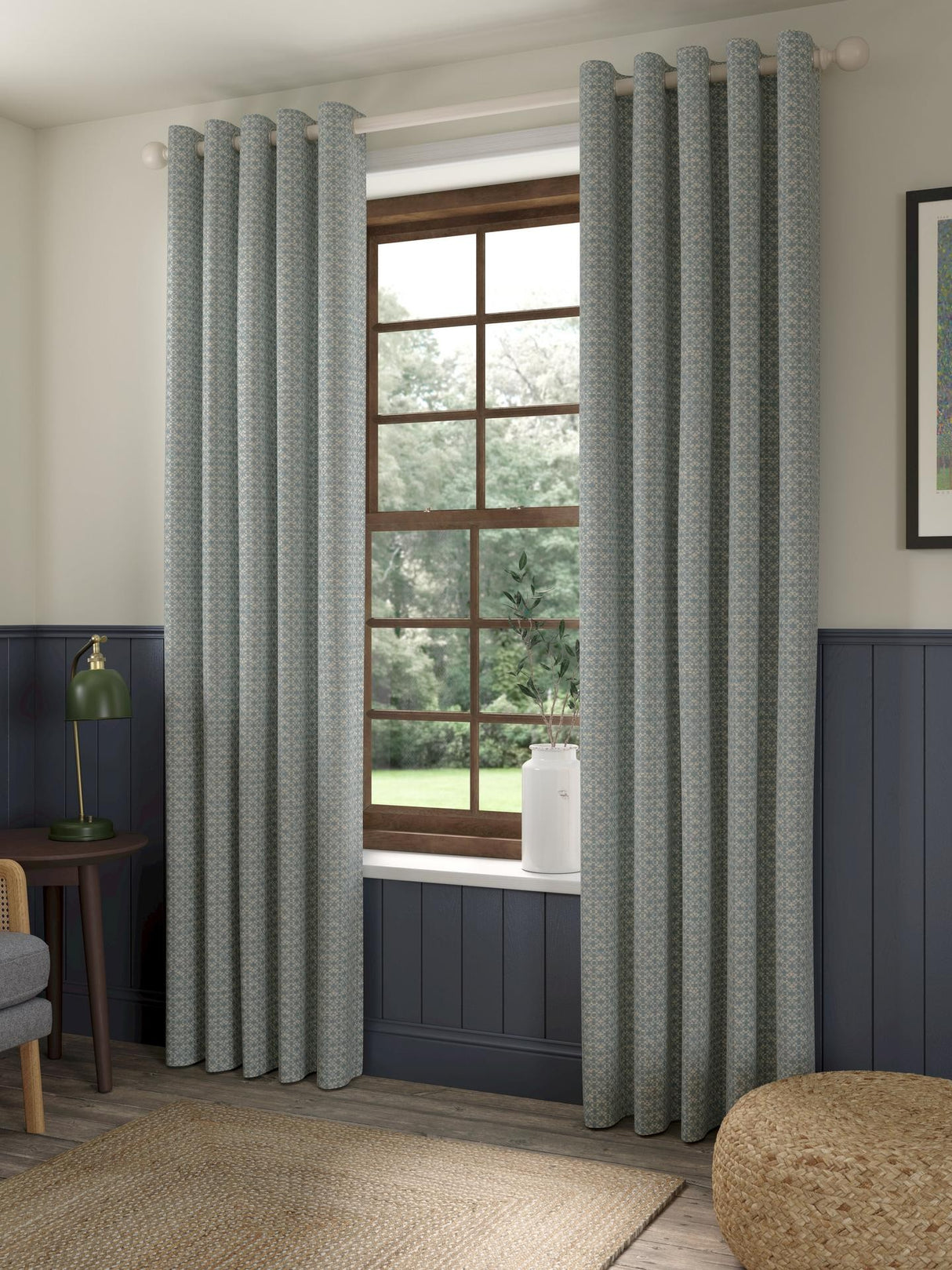 John Lewis Rona Weave Pair Lined Eyelet Curtains W167 x D182cm - Duck Egg