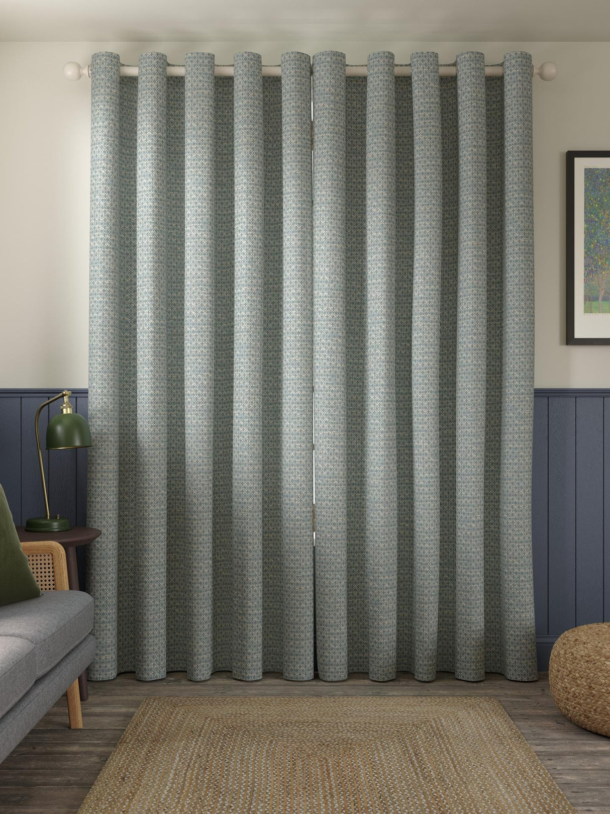 John Lewis Rona Weave Pair Lined Eyelet Curtains W167 x D182cm - Duck Egg