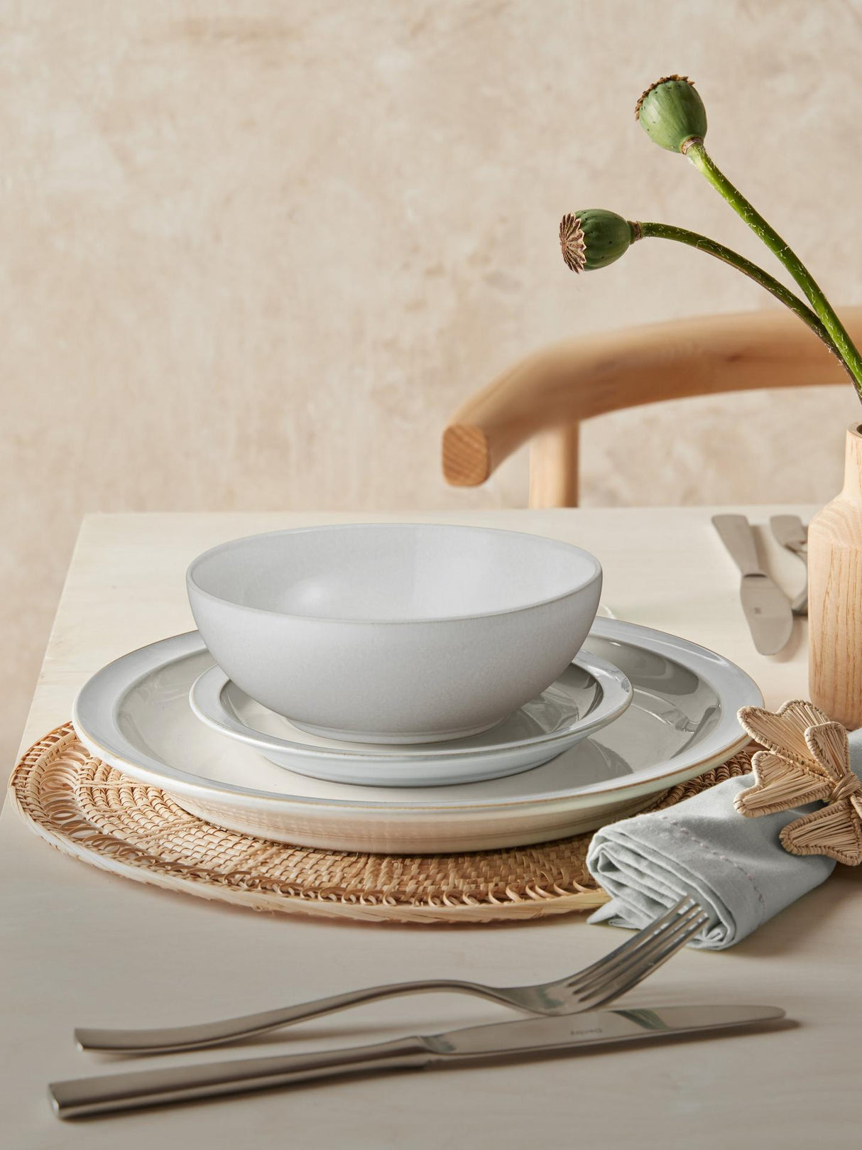 Denby Cotton White Stoneware Heavy-Duty Dinnerware Set 12 Piece - White