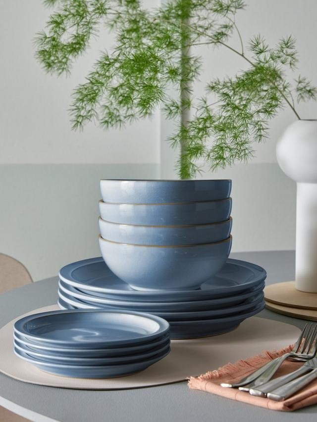 Denby Stoneware Oven Safe Dinnerware Plates & Bowls 12 Piece Set - Sky Blue