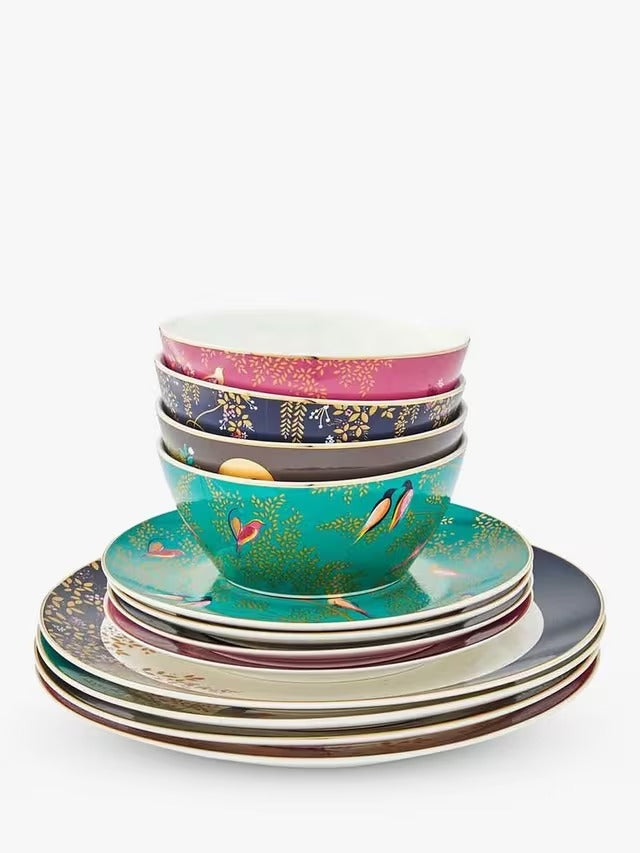 Chelsea Collection Fine China Birds Boxed Dinnerware 12 Piece Set - Assorted