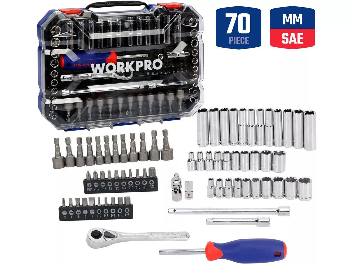Workpro Garage Workshop Tools Quick Release 70PC 1/4" DR. 6 Point Socket Set