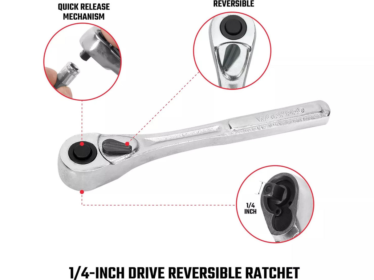 Workpro Garage Workshop Tools Quick Release 70PC 1/4" DR. 6 Point Socket Set