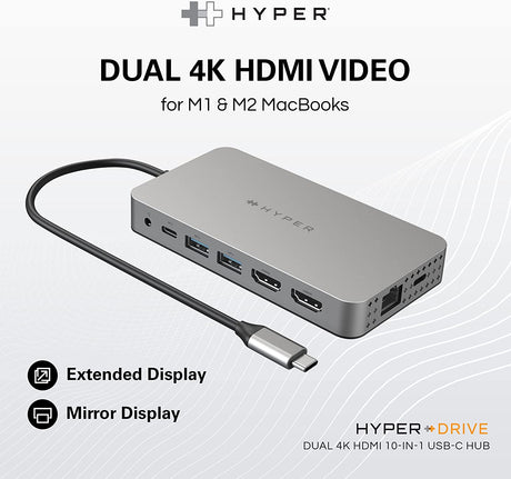 Hyper HyperDrive 10-in-1 Dual HDMI USB-C Hub Adapter - Silver