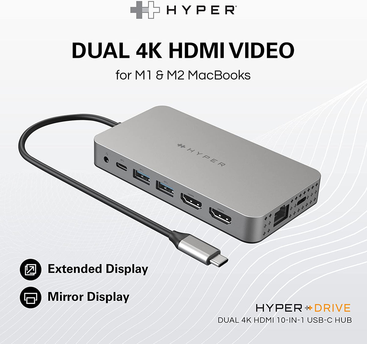 Hyper HyperDrive 10-in-1 Dual HDMI USB-C Hub Adapter - Silver - Kazoop 