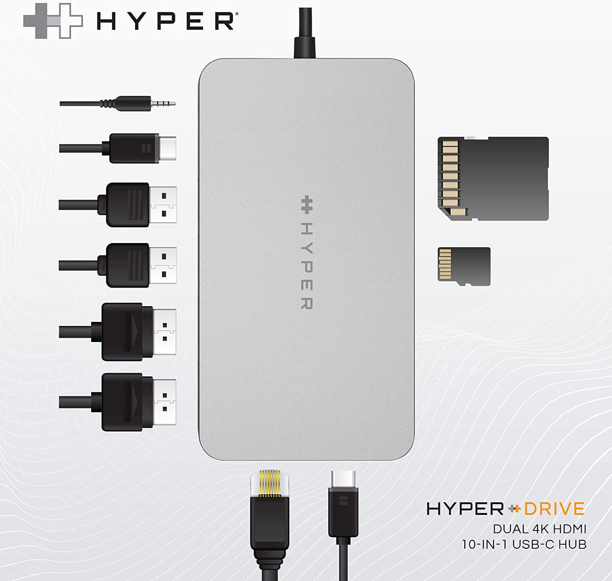 Hyper HyperDrive 10-in-1 Dual HDMI USB-C Hub Adapter - Silver - Kazoop 