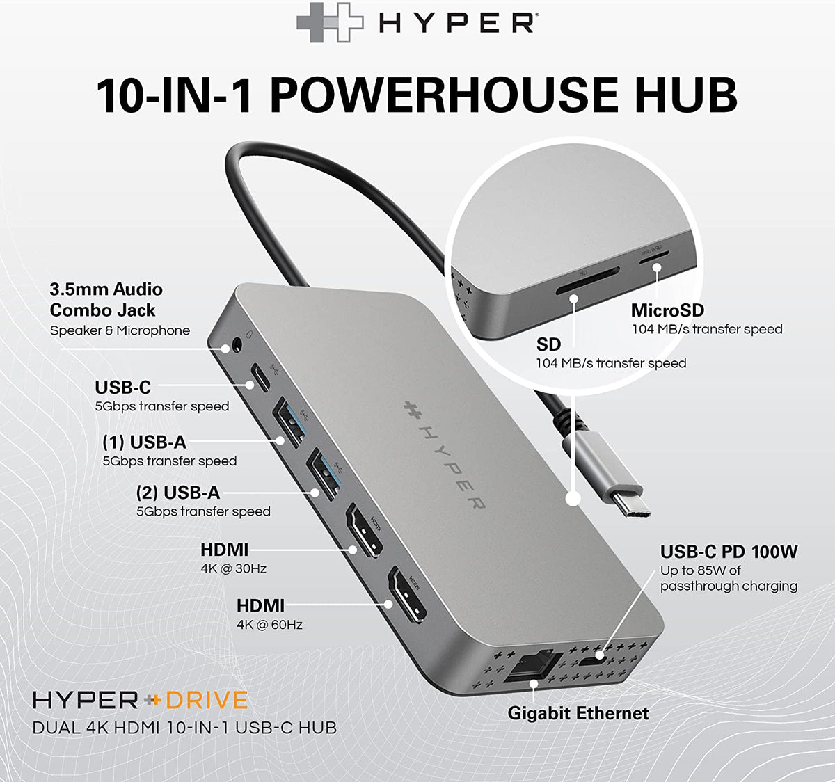 Hyper HyperDrive 10-in-1 Dual HDMI USB-C Hub Adapter - Silver - Kazoop 