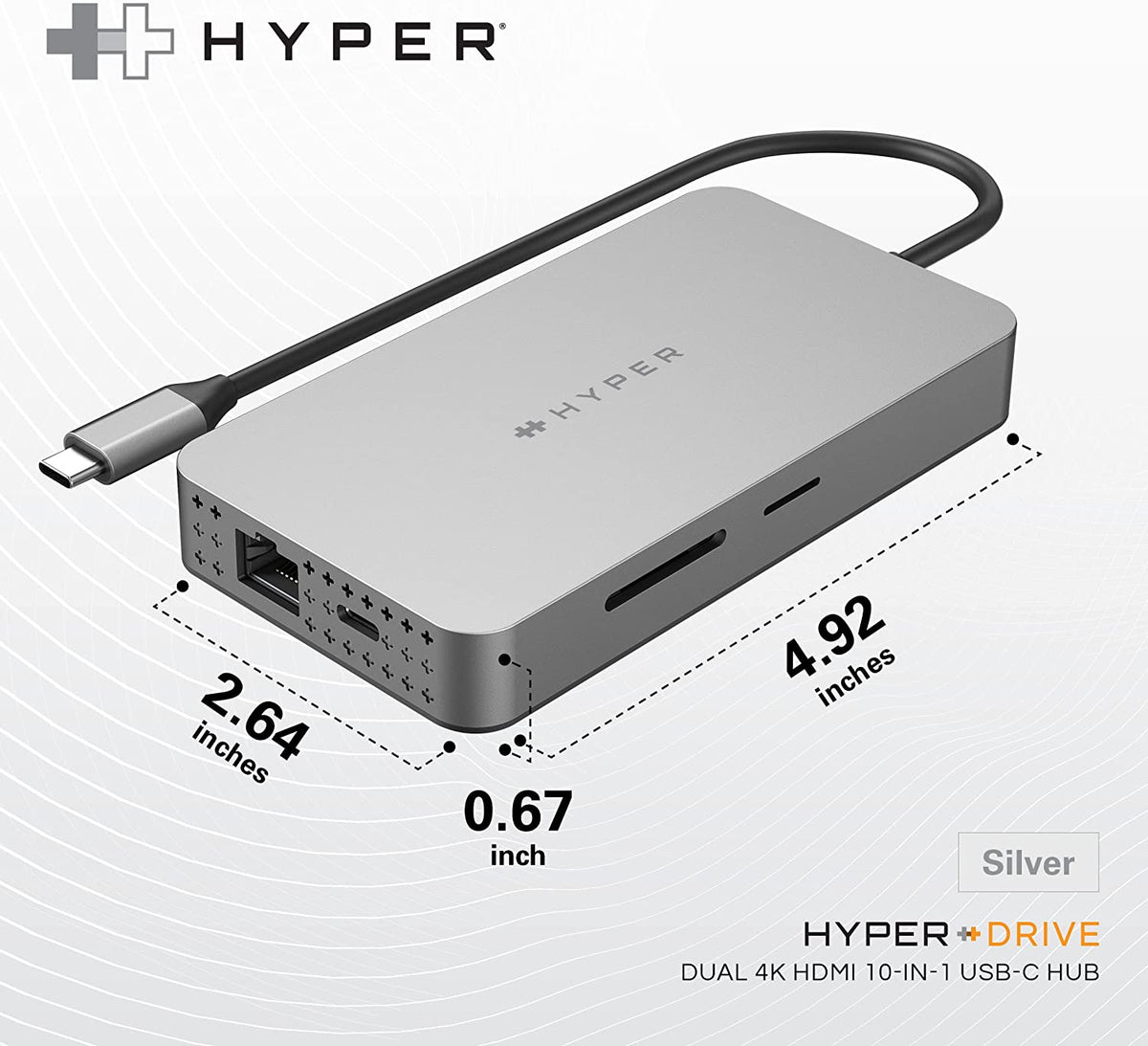 Hyper HyperDrive 10-in-1 Dual HDMI USB-C Hub Adapter - Silver - Kazoop 