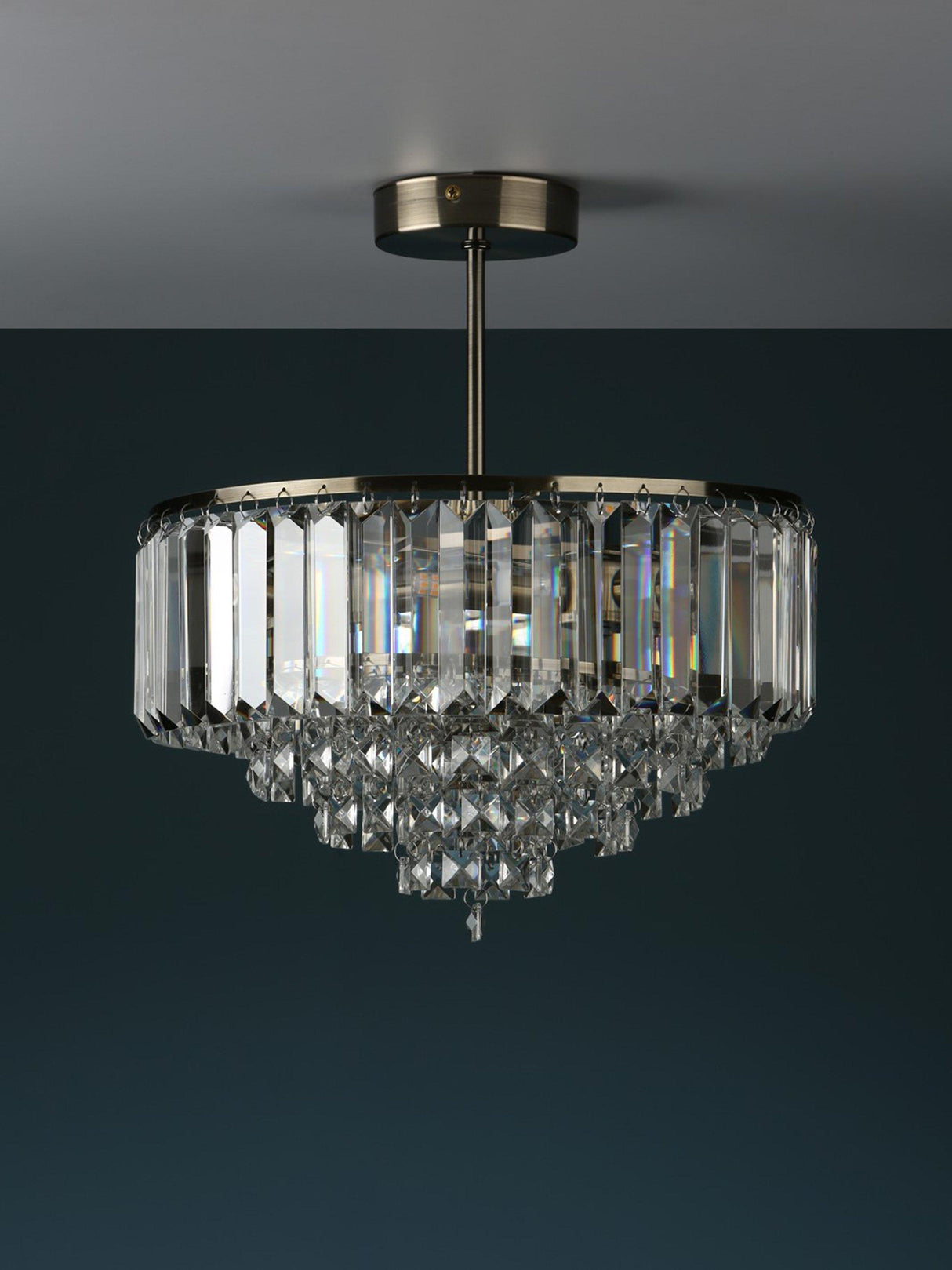 Laura Ashley Vienna 3 Light Crystal Semi Flush Ceiling Light - Antique Brass