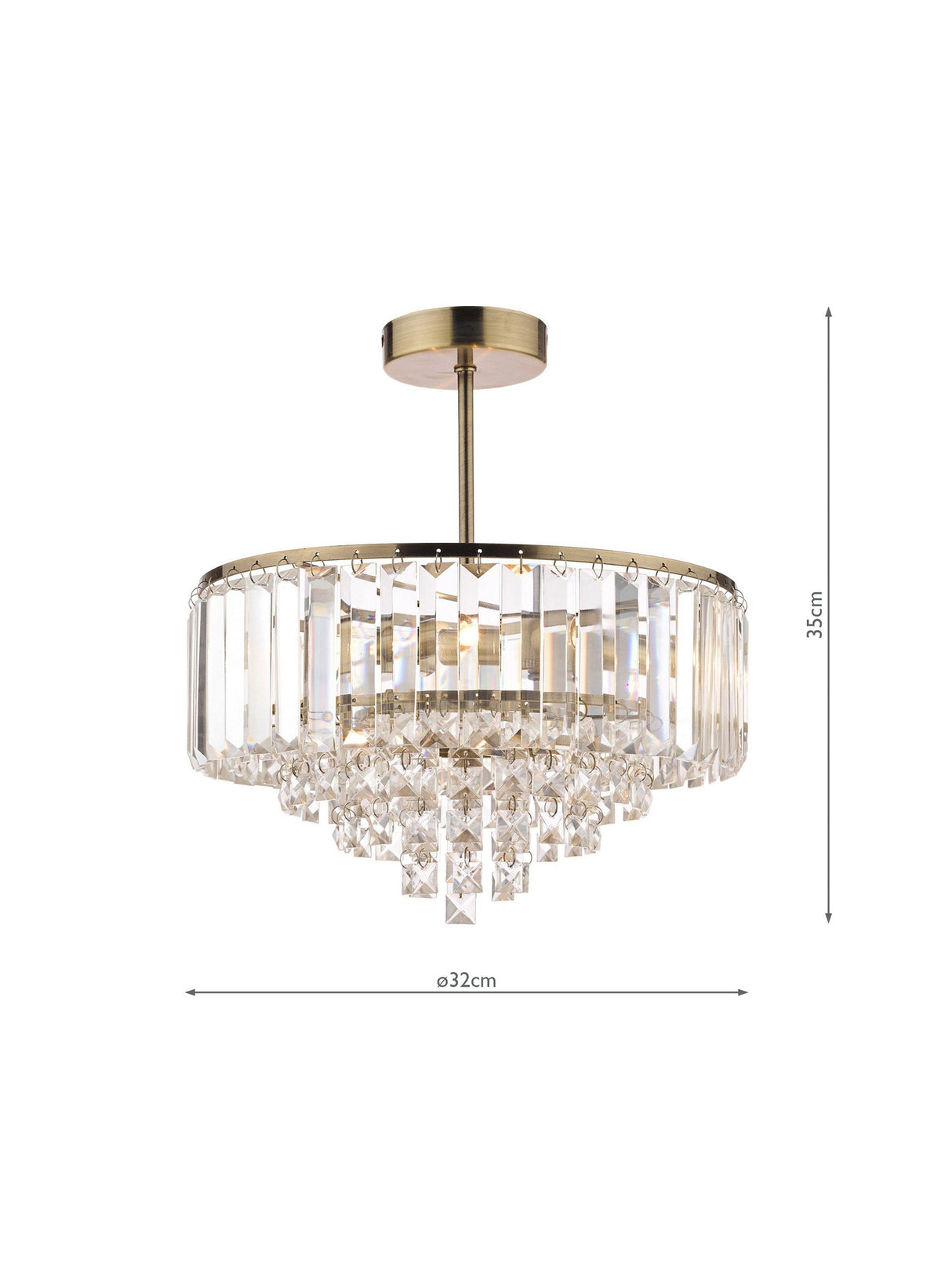 Laura Ashley Vienna 3 Light Crystal Semi Flush Ceiling Light - Antique Brass