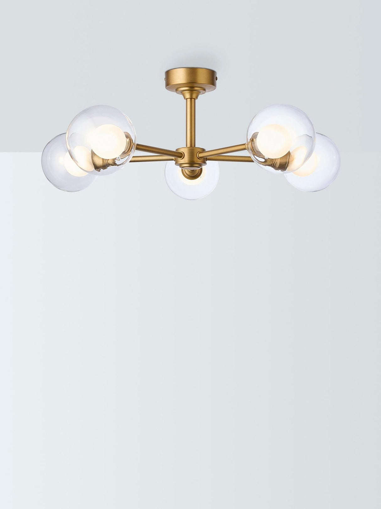 John Lewis Oliver 5 Arm Glass Globe Semi Flush Ceiling Light - Antique Brass