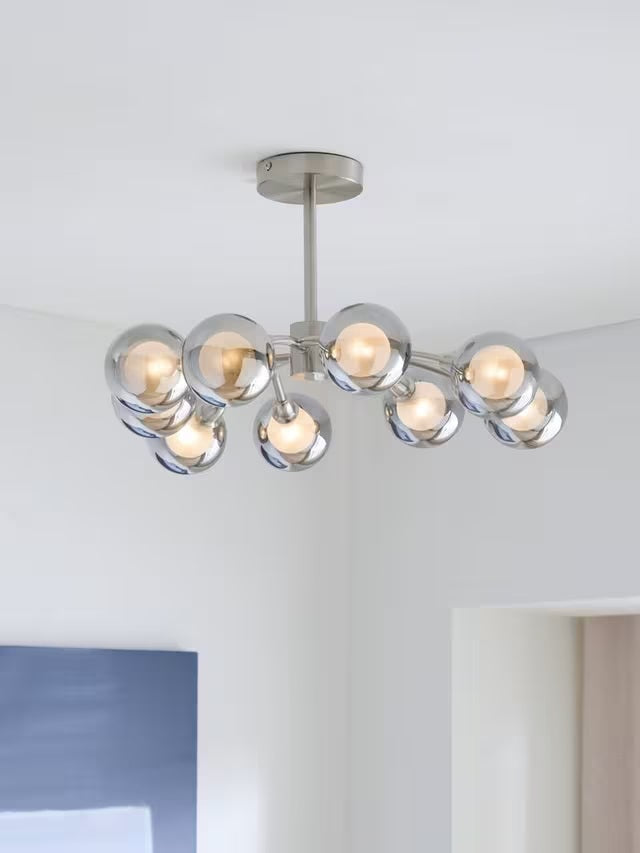 John Lewis Huxley 9 Arm Semi Flush Smoked Glass 50cm Ceiling Light - Steel