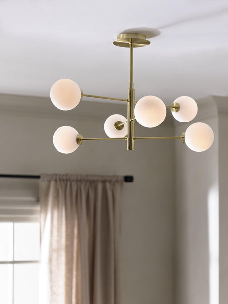 John Lewis Parity 6 Arm Brass Ceiling Light Glass Globe Shades 120W - Gold