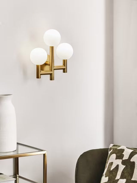 John Lewis Modern Globe Glass Shades 3 Arm Wall Light - Matt Gold/White