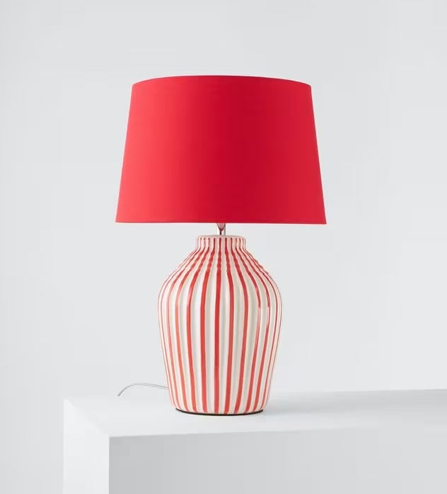 John Lewis Trevone Textured Stripe Ceramic Bedside Table Lamp - Red/White