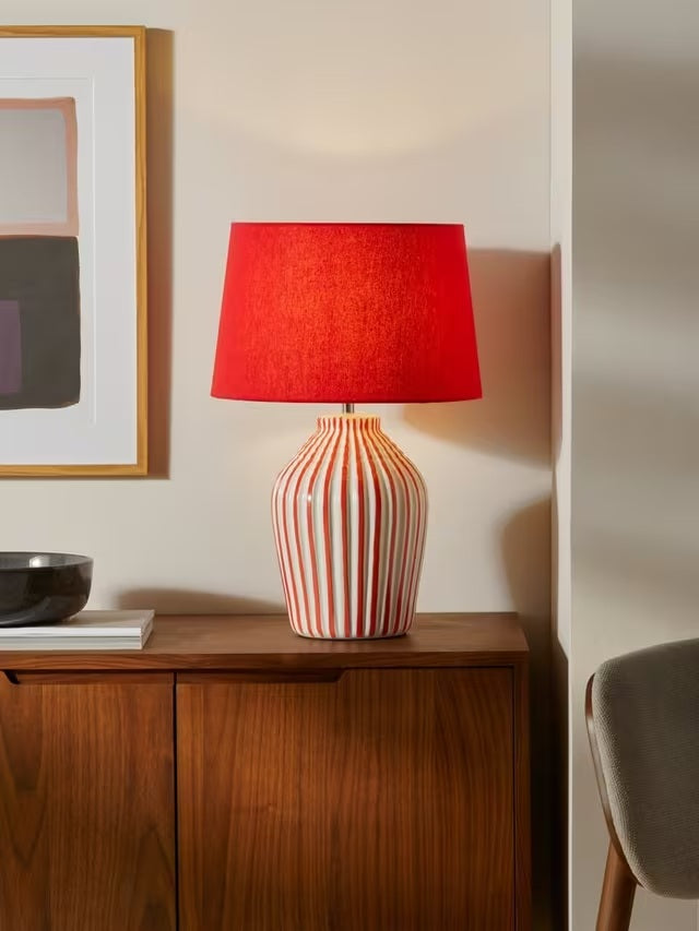John Lewis Trevone Textured Stripe Ceramic Bedside Table Lamp - Red/White