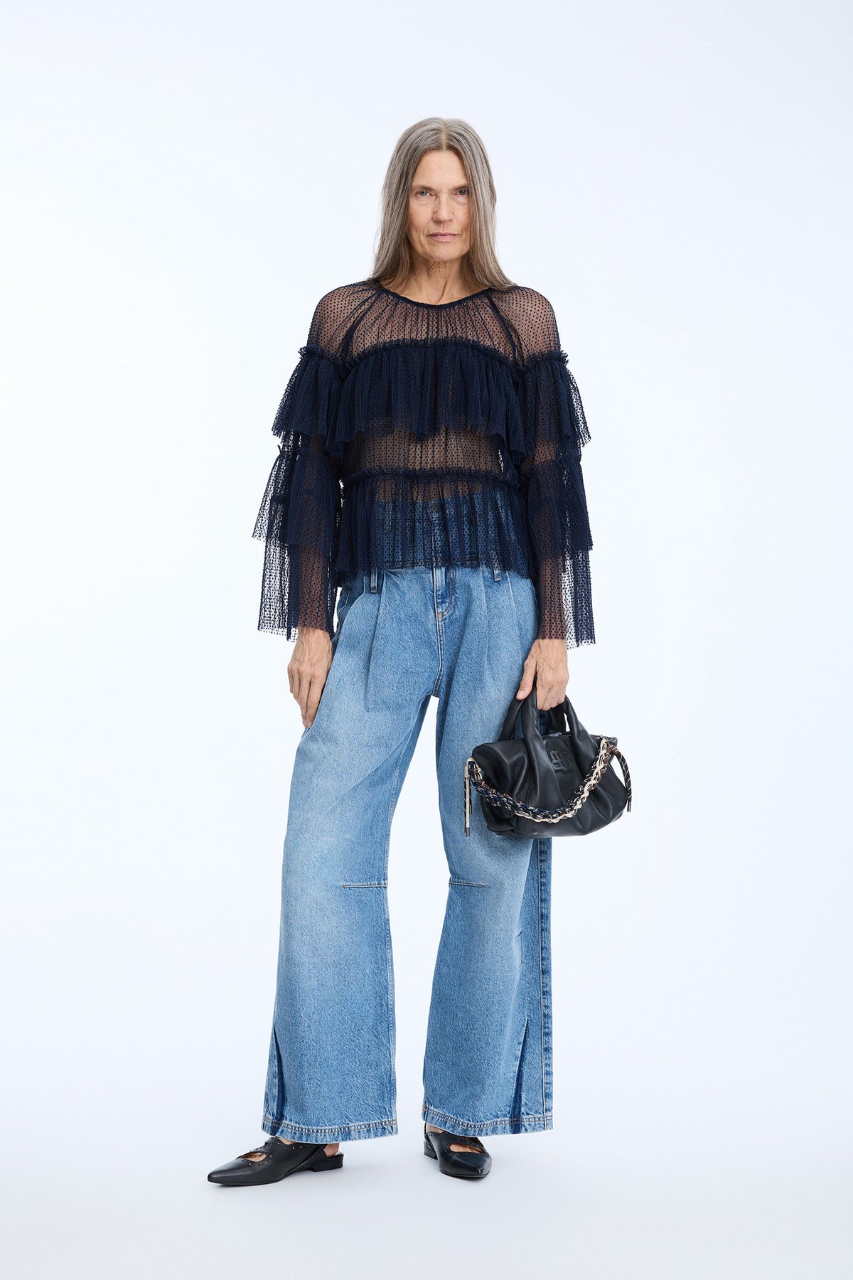 MUNTHE Naria Women's Sheer Dotted Mesh Ruffled Blouse - EU38/UK10 - Navy