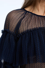 MUNTHE Naria Women's Sheer Dotted Mesh Ruffled Blouse - EU38/UK10 - Navy