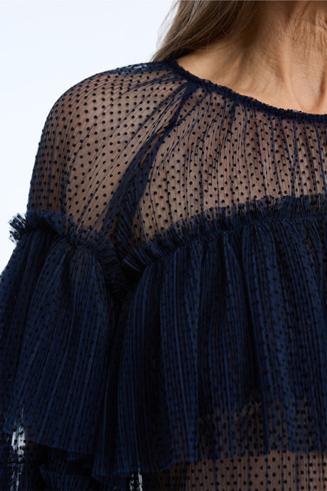 MUNTHE Naria Women's Sheer Dotted Mesh Ruffled Blouse - EU38/UK10 - Navy